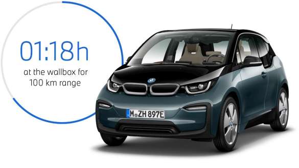 BMW i3 I01 електричен автомобил тричетвртински поглед однапред со график за време на полнење