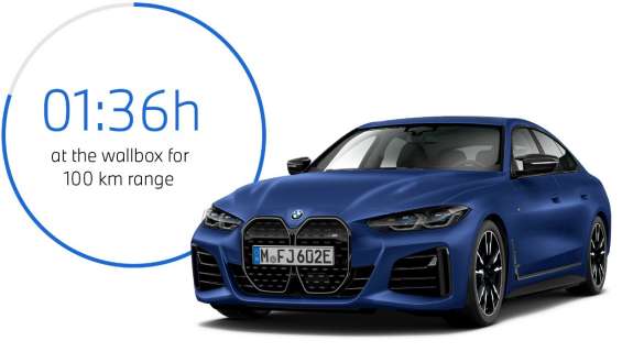 BMW i4 M50 eDrive40 G26 2021 BMW Individual Frozen Portimao Blue металик тричетвртински поглед однапред со график за време на полнење