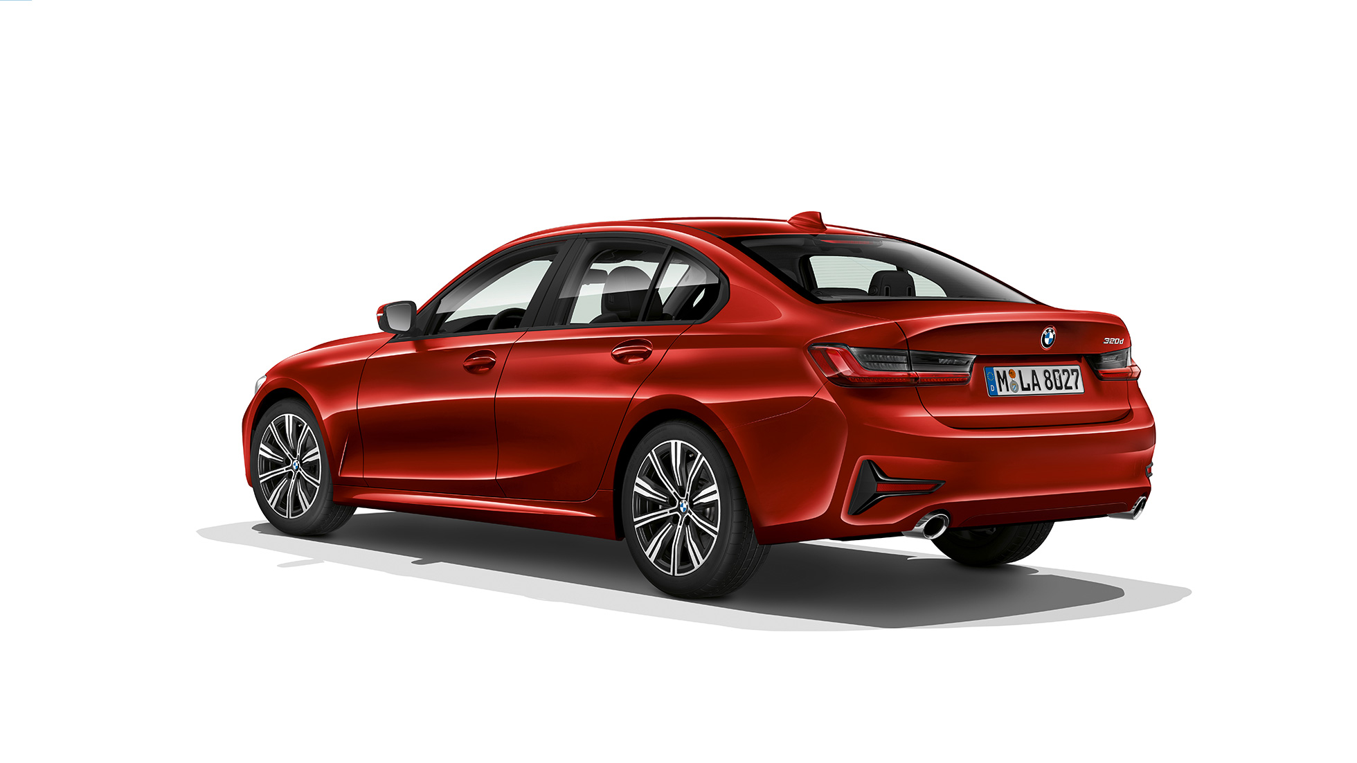 BMW Серија 3 Седан, Model Advantage заден дел. Тричетвртински заден кадар на BMW Серија 3 Седан со Model Advantage елементи.