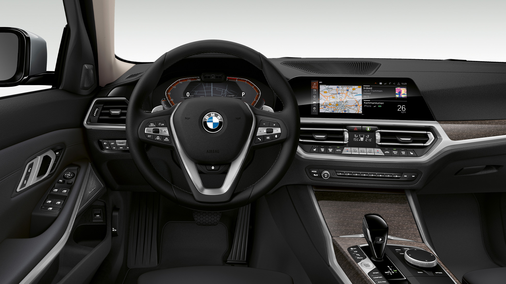 BMW Серија 3 Седан, Model Luxury линија кабина. Преден крупен кадар на возачката кабина на BMW Серија 3 Седан со елементи на Model Luxury линија.
