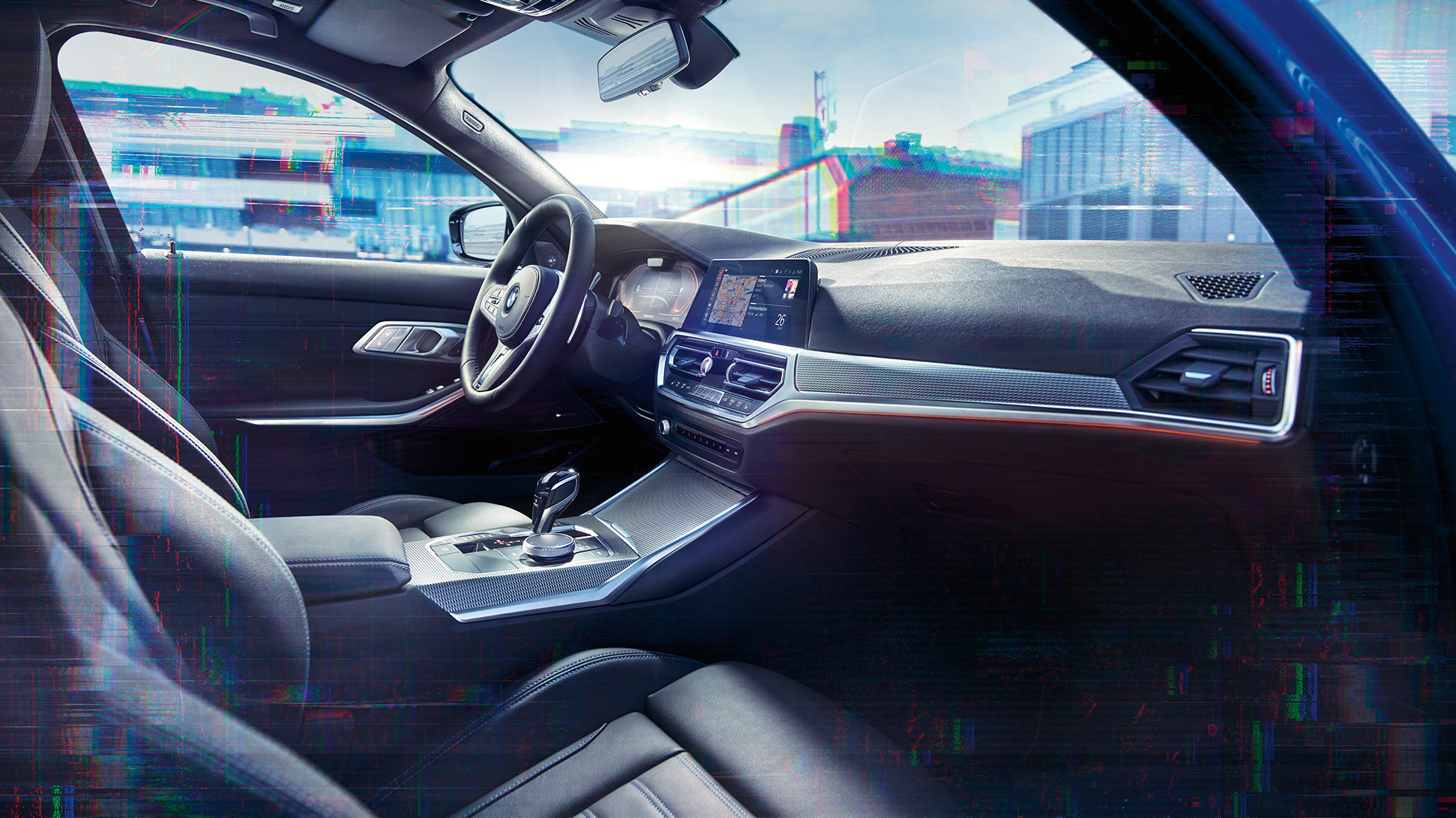 BMW Серија 3 Седан, BMW Live Cockpit Professional. Крупен кадар на внатрешноста на BMW Серија 3 Седан со BMW Live Cockpit Professional.