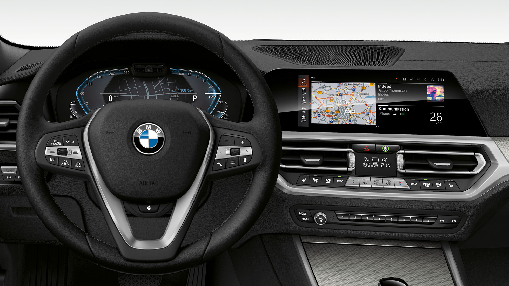 BMW Серија 3 Седан, 330e возачка кабина. Детален преден поглед на возачката кабина на BMW Серија 3 Седан со i-специфичен дисплеј.