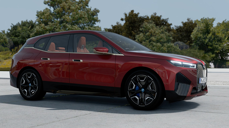 BMW iX i20 електричен SUV надворешност Aventurin Red црвена боја BMW iX i20 2021 електричен SUV надворешност Aventurin Red црвена боја