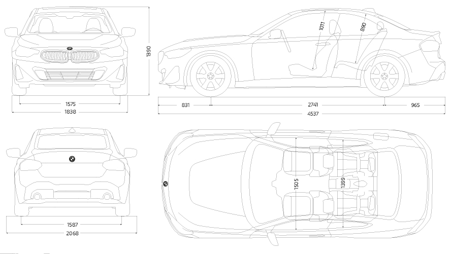 BMW M240i xDrive Coupé G42 2021 линиски цртеж BMW M240i xDrive Coupé G42 2021 димензии на линиски цртеж