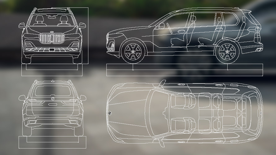 Димензионални цртежи на BMW X7 G07 LCI Димензионални цртежи, предна страна поглед озгора на BMW X7 G07 LCI